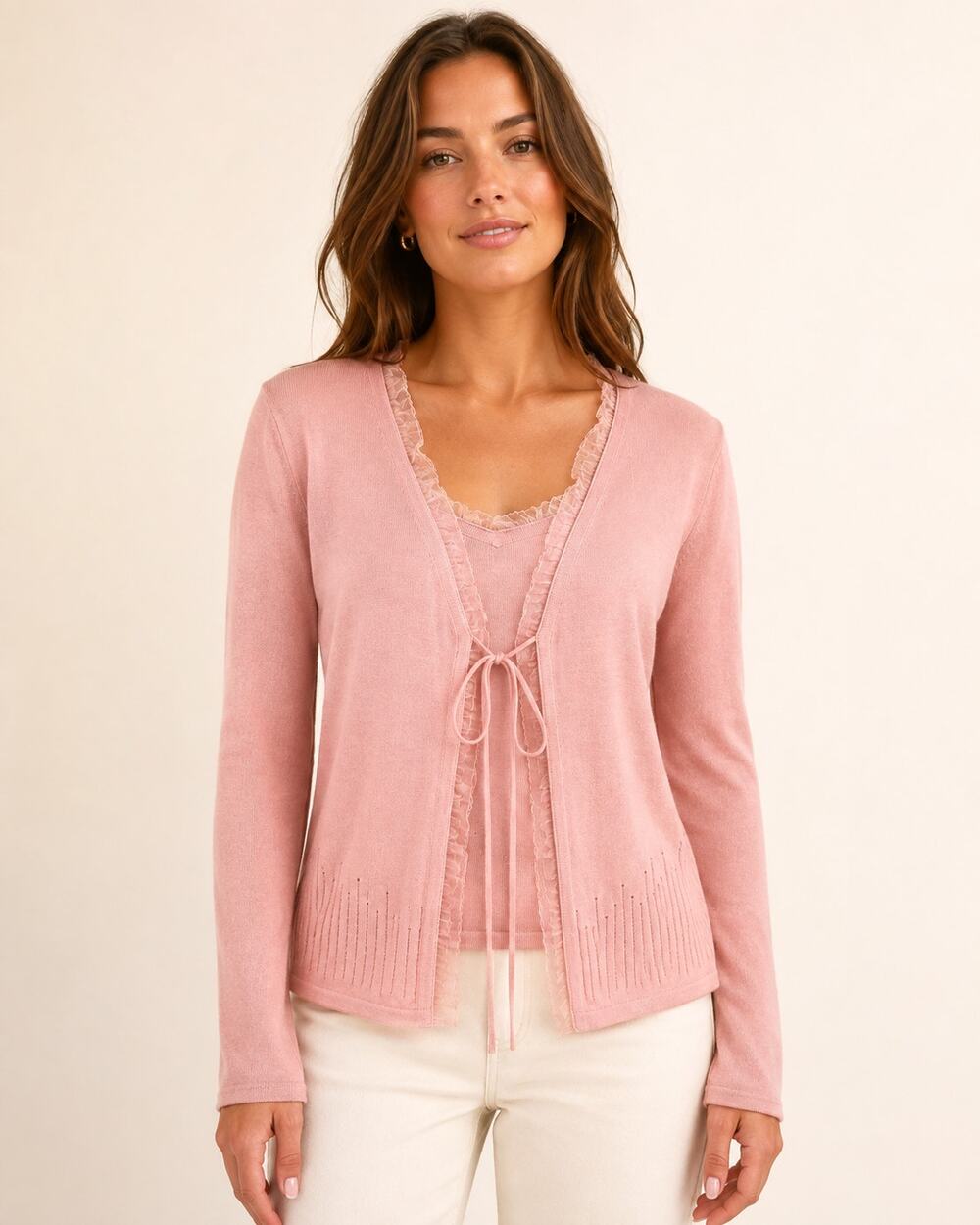 Vintage Esprit Pink Twinset Cami Cardigan Medium Y2K Lace Trim Tie Front
